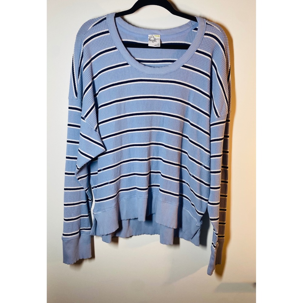 OFFLINE by Aerie Waffle Knit Thermal Top Women L Blue Striped Slouchy Oversized